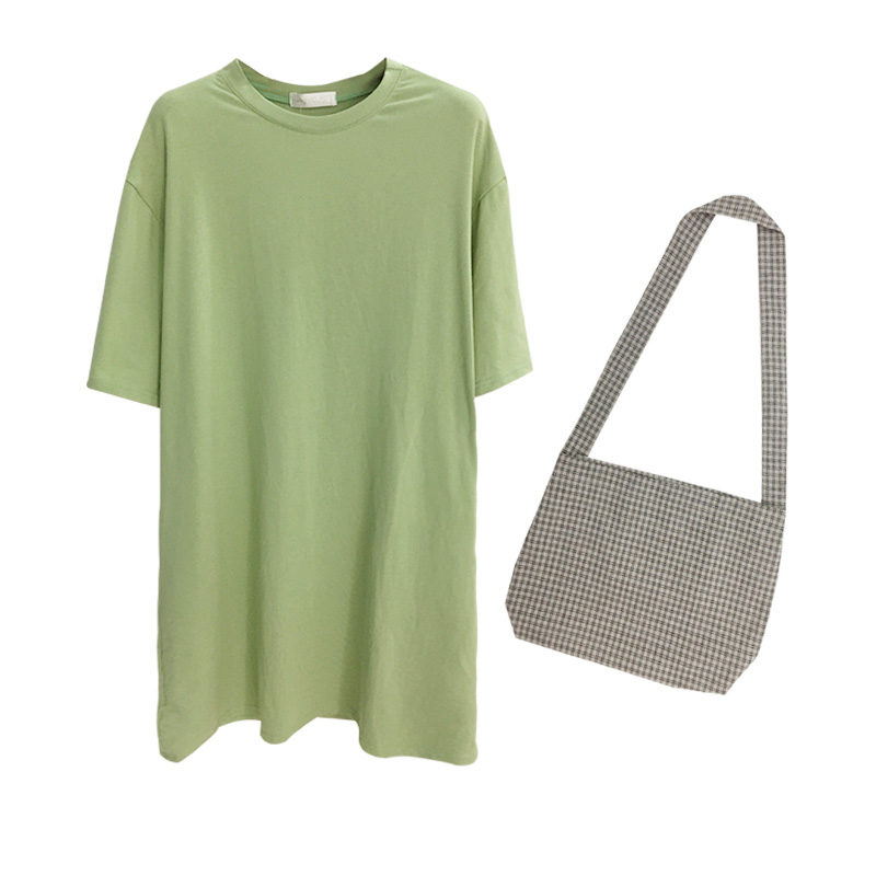 2019夏季新款韩版牛油果绿纯色中长款宽松T恤连衣裙女+单肩斜挎包|ruв категории Женская одежда, футболка - от Buy2taobao.com для оказания профессиональной услуги покупки агента Taobao