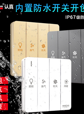RENZHEN认真单电机四开风暖浴霸开关防水防潮IP67四合一白色16A