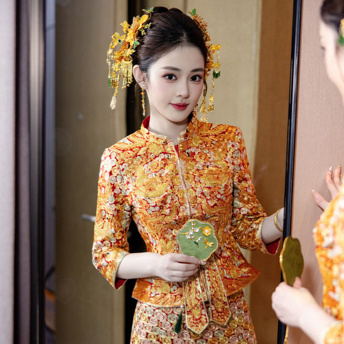 中式秀禾服女金色龙凤花纹新娘结婚敬酒礼服显瘦遮肉大码盘扣国风