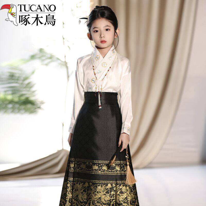 高档女童马面裙秋款新中式交领上衣白色长袖衬衫高级黑色汉服套装