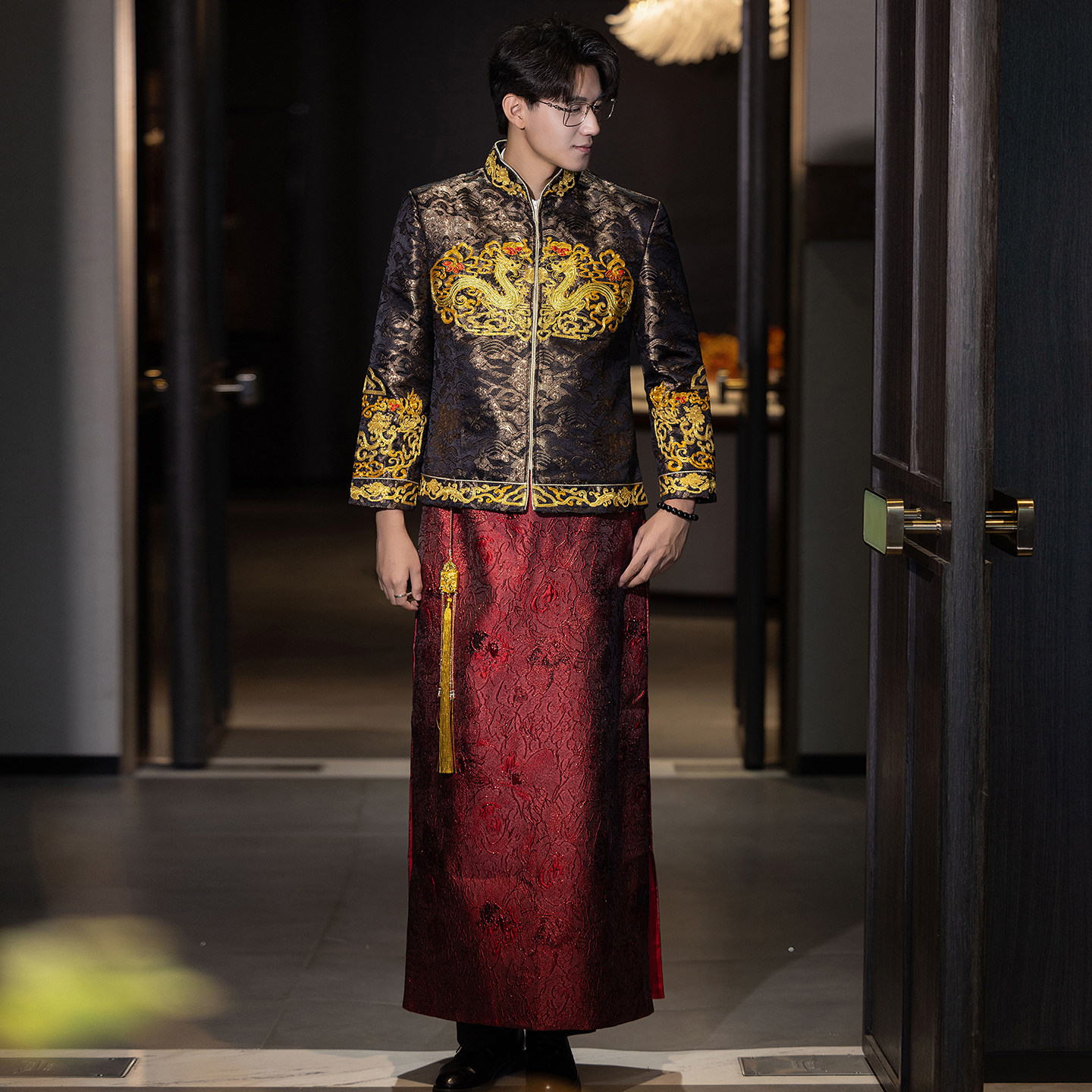 男装中式秀禾服男士龙凤褂结婚新郎敬酒服婚礼礼服中国风刺绣立领