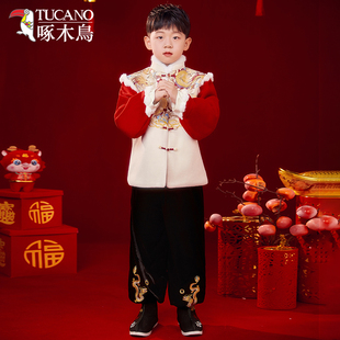 儿童国风唐装 2025新款 男宝生日过年衣服 冬季 啄木鸟拜年服男童套装