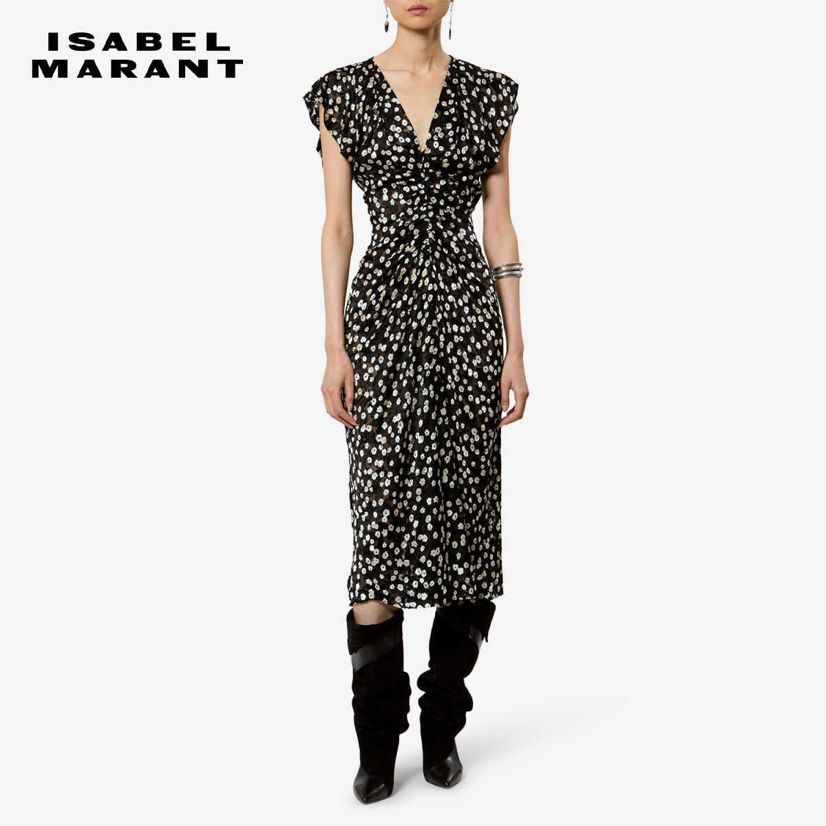 【26早秋新品】ISABEL MARANT LYNDSAY法式双色花卉丝质修身长裙