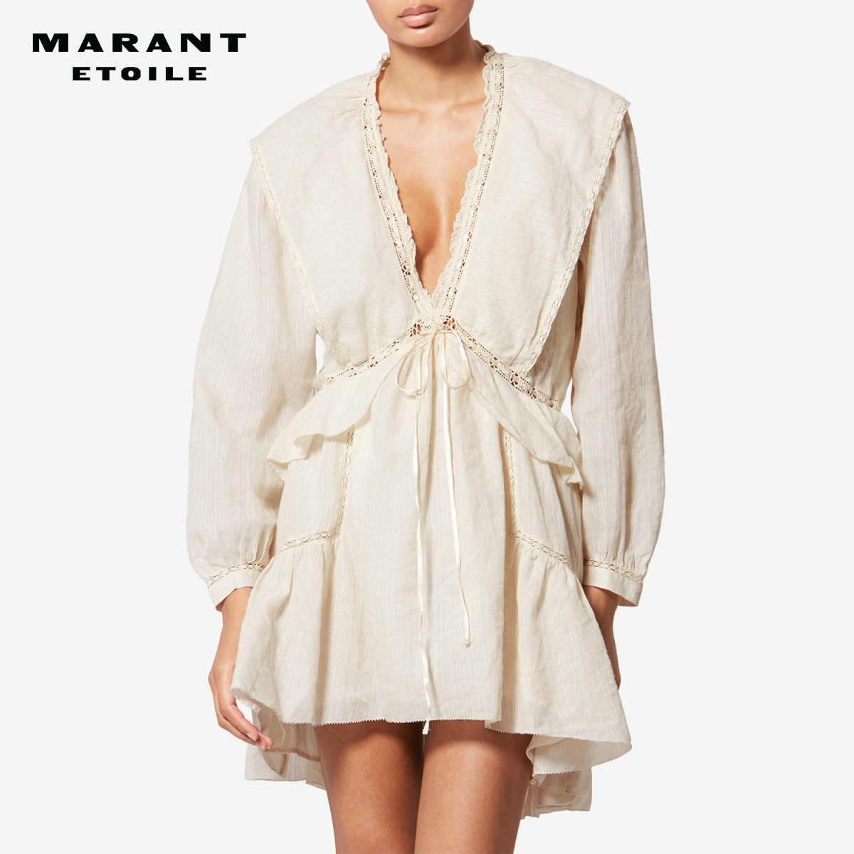 MARANT ETOILE2026春夏新款DAMYA 棉麻褶边薄纱连衣裙