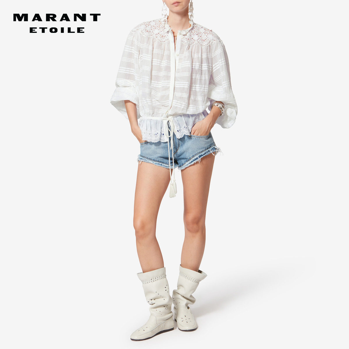 MARANT ETOILE2026春夏新款POLLY 波西米亚风棉质花卉蕾丝罩衫