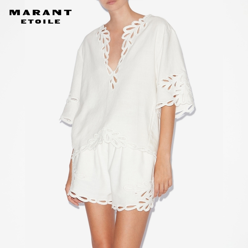 MARANT ETOILE2025春夏新款SHANA 法式镂空刺绣磨毛棉质上衣女