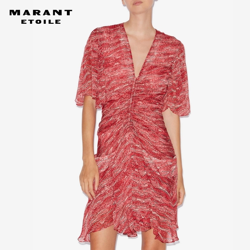 MARANT ETOILE2025春夏新款VIVIENNE法式V领印花短款雪纺连衣裙女