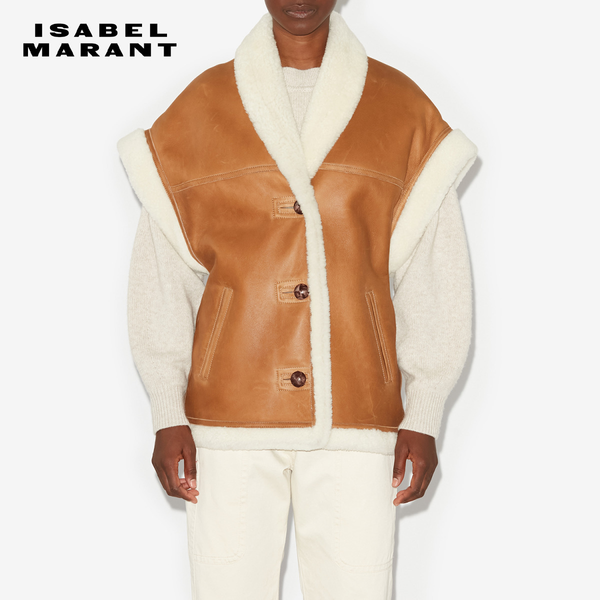 ISABEL MARANT MEDILIA法式宽松立领羊毛皮马甲外套女