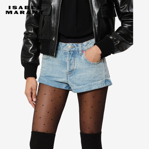 【秀场同款】ISABEL MARANT DILOA复古蓝棉质修身卷边牛仔短裤