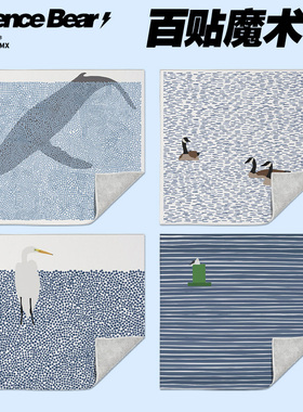 百贴布化妆包鲸鱼白鹭文艺蓝色清冷插画数码收纳整理包镜头保护布