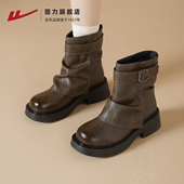 回力马丁靴女鞋 管短靴 棕色复古美拉德厚底堆堆靴子裤 2026春季 新款