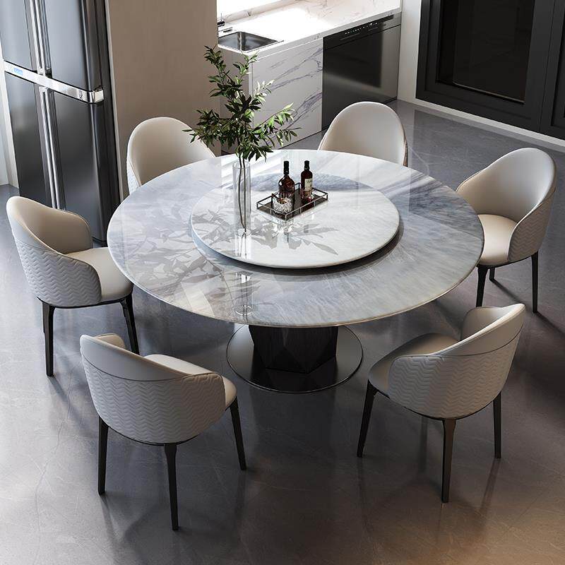 意式超晶石餐桌椅组合圆形带转盘家用大理石奢石实木餐台2025新款