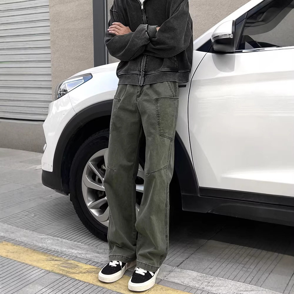 美式复古军绿色直筒工装裤男生多口袋设计感百搭休闲长裤子高级感
