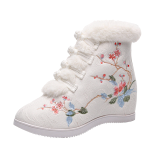 古风汉服鞋子女冬加绒保暖内增高布鞋老北京绣花鞋古装旗袍短棉靴