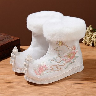 汉服鞋子女童冬季加绒古风宝宝拜年中国风古装唐装棉靴儿童绣花鞋