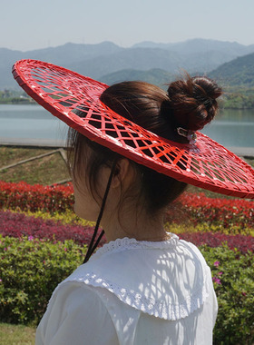 竹编空心斗笠帽古风黑红色影视拍摄道具帽子成人走秀舞蹈表演竹帽