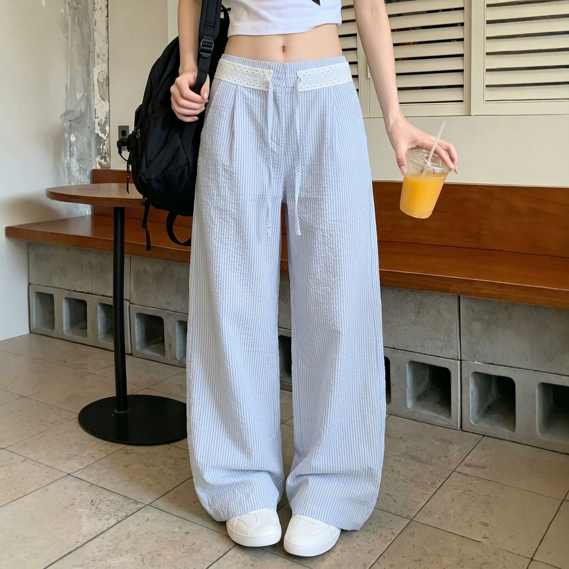 Y-C蓝色条纹阔腿裤女夏季2026新款百搭显瘦慵懒风蕾丝拼接休闲裤