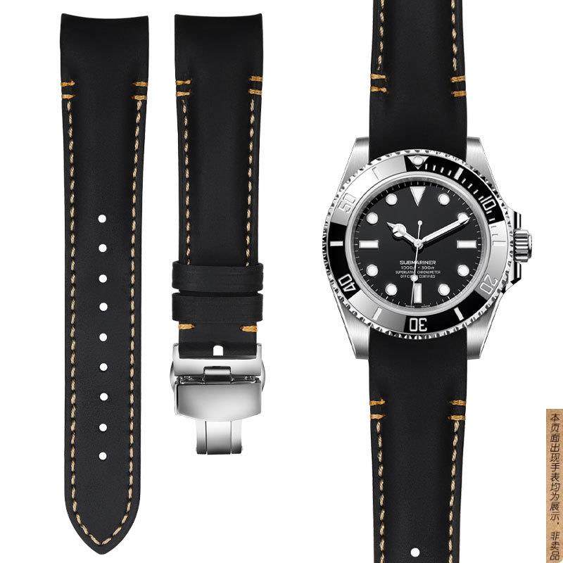 原厂代用劳力士手表带迪通拿黑绿水鬼男游艇蝴蝶扣疯马皮弧形表带