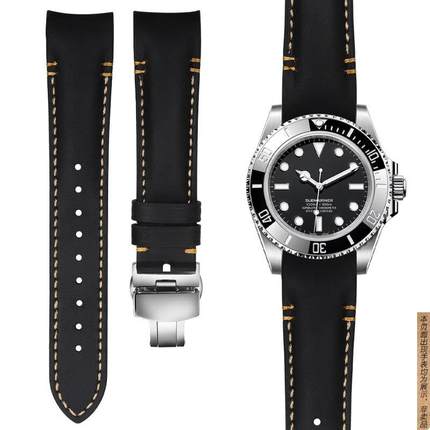 原厂代用劳力士手表带迪通拿黑绿水鬼男游艇蝴蝶扣疯马皮弧形表带