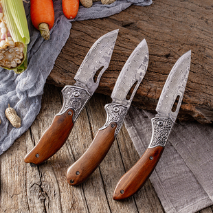 大马士革折叠刀随身水果刀手把肉小刀高硬度不锈钢迷你户外刀具
