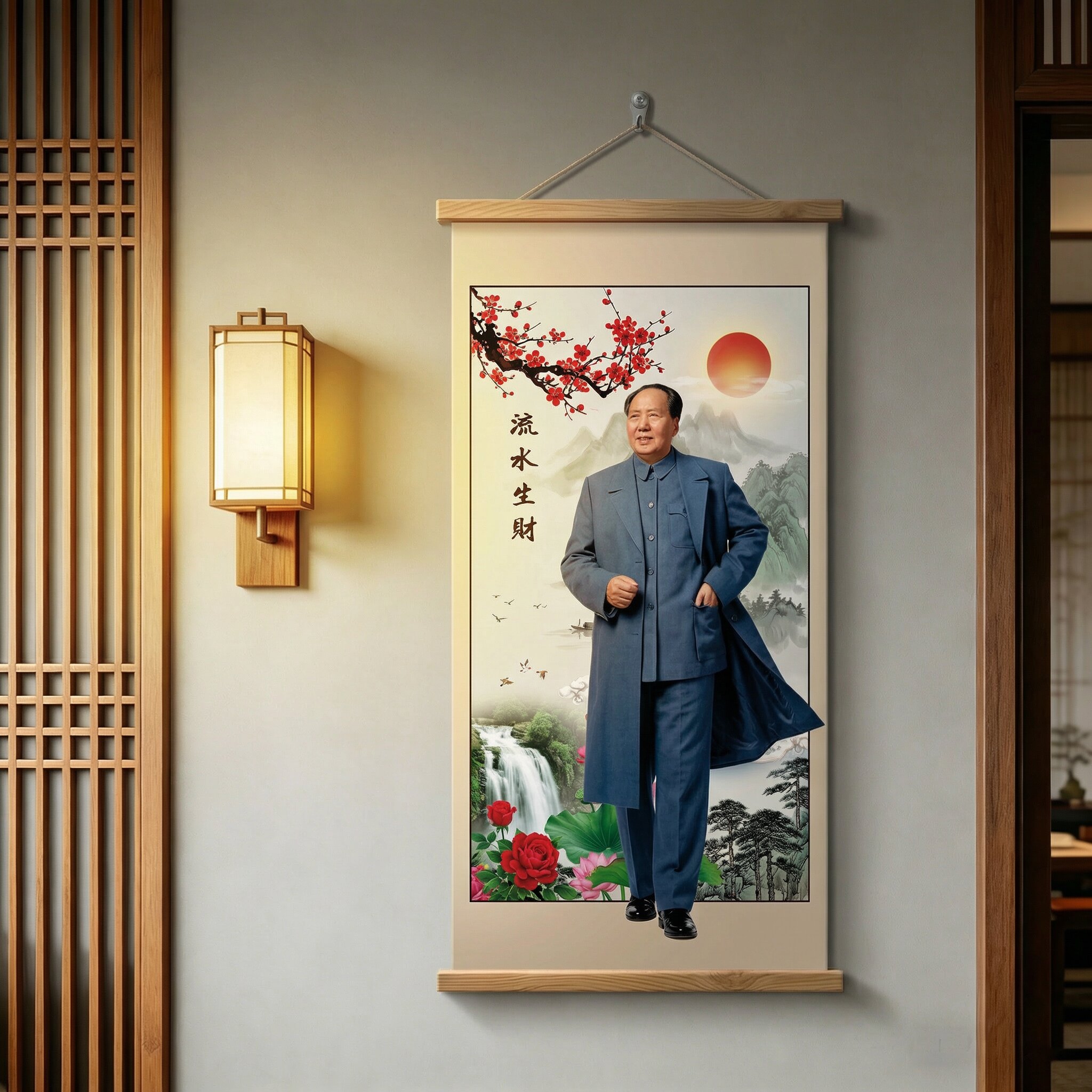 新款旭日东升流水生财中堂装饰画