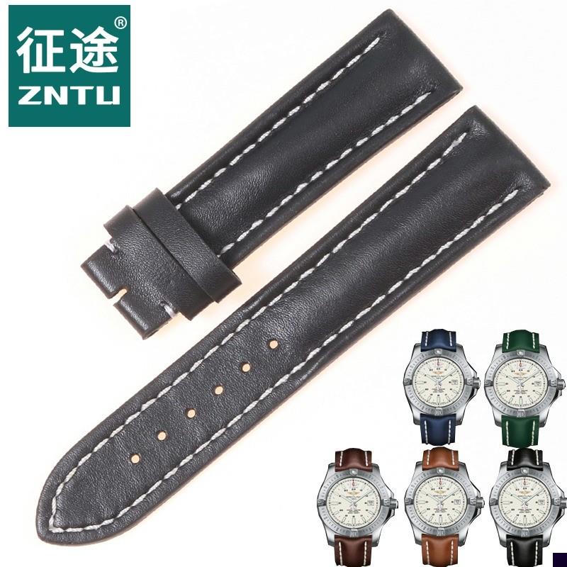 适用于百年灵真皮表带男超级海洋系列手工黑色皮带22mm24mm