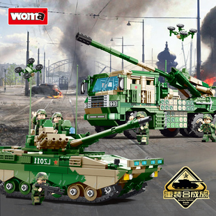 沃马积木中国军事重装合成旅系列车载加榴炮模型装甲战车拼装玩具