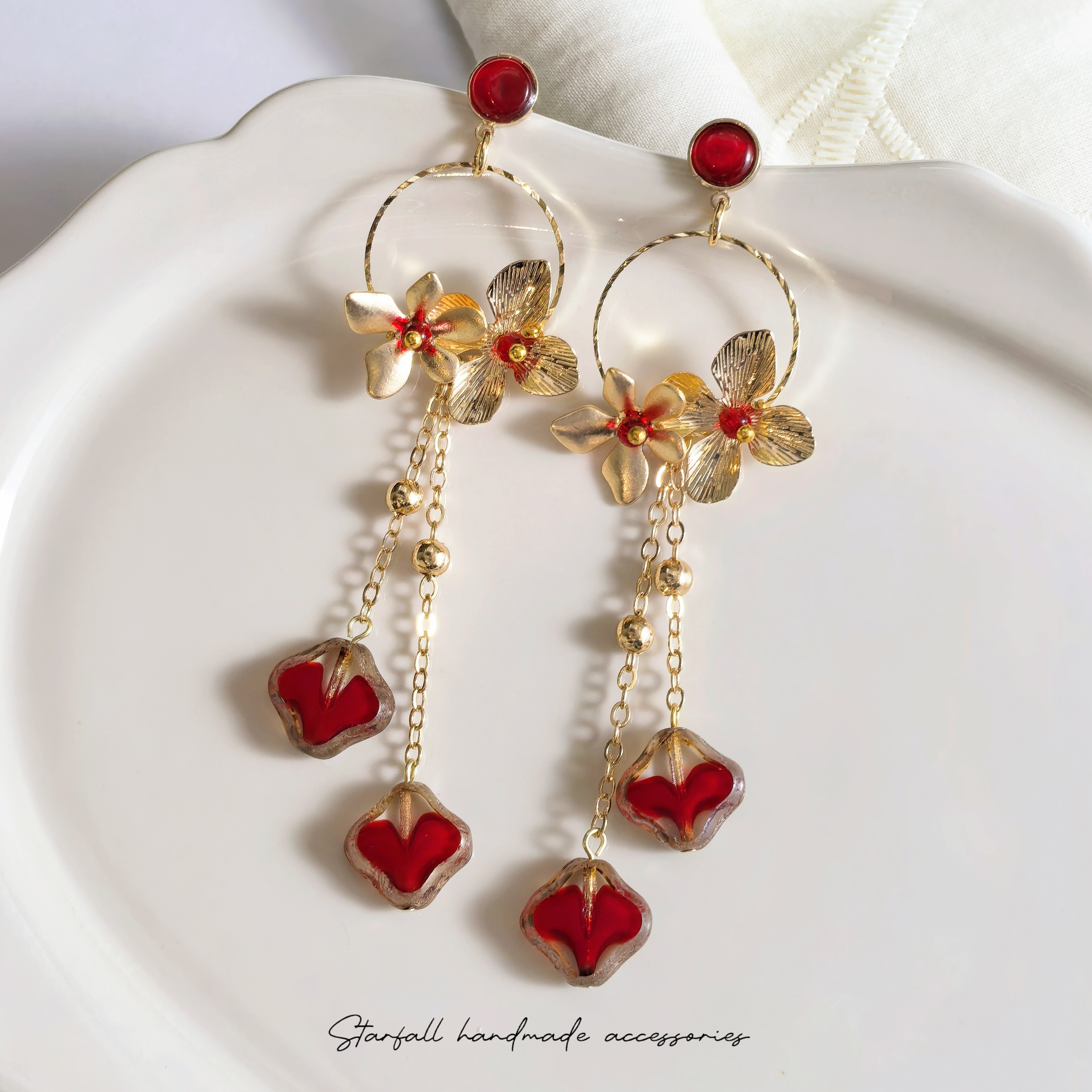 原创新中式古典红花朵捷克琉璃耳钉旗袍耳饰女优雅长款流苏耳环