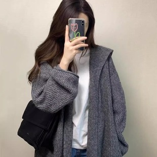 灰色中长款连帽毛衣外套女早秋季韩系气质宽松慵懒松弛感针织开衫