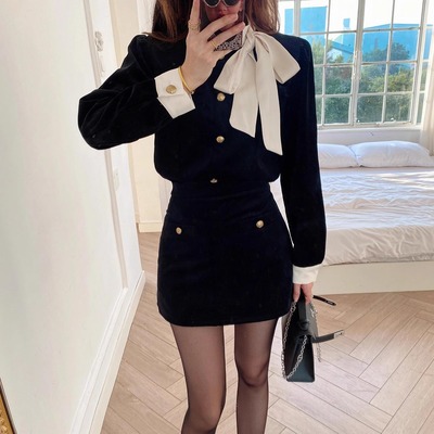 秋冬装搭配一整套富家千金连衣裙miu系穿搭韩剧女主出游服装女