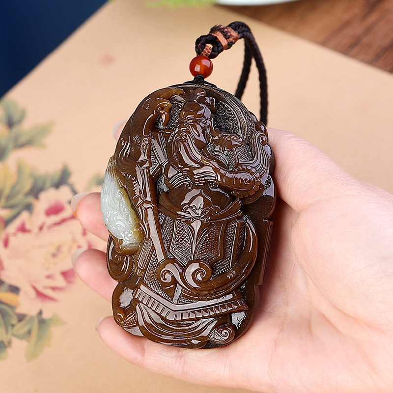 正品精工雕刻和田玉且末糖玉武财神挂件关公手把件忠义千秋把玩件