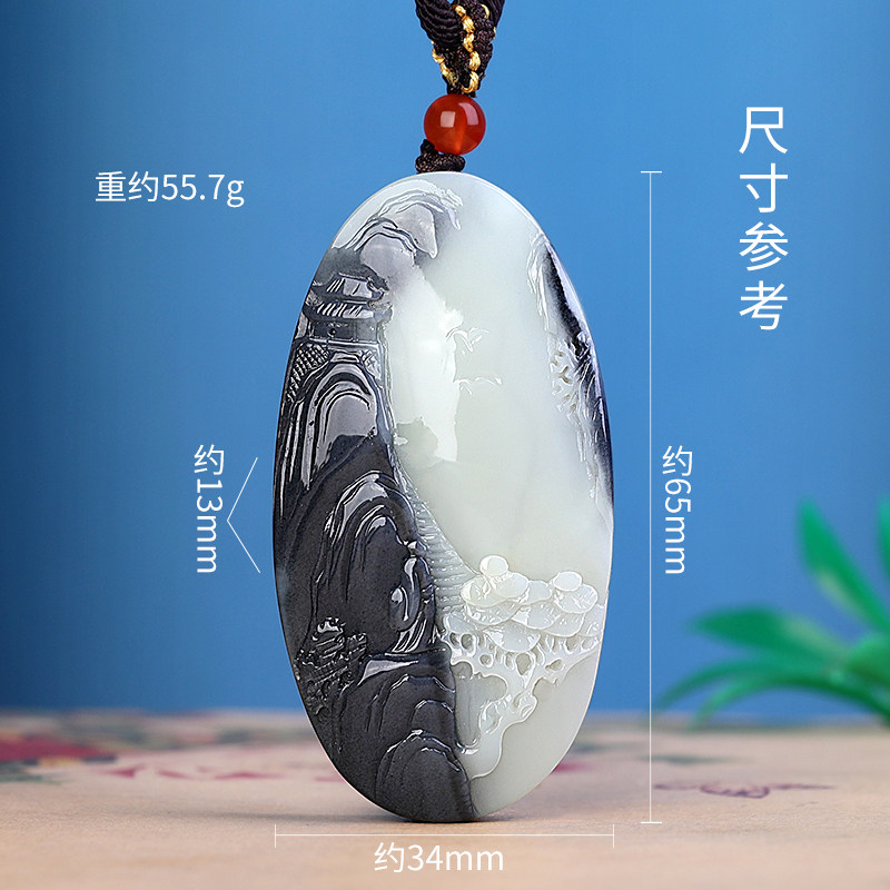 正品和田玉青花平安无事牌吊坠意境山水挂件山河锦绣玉石项坠玉佩
