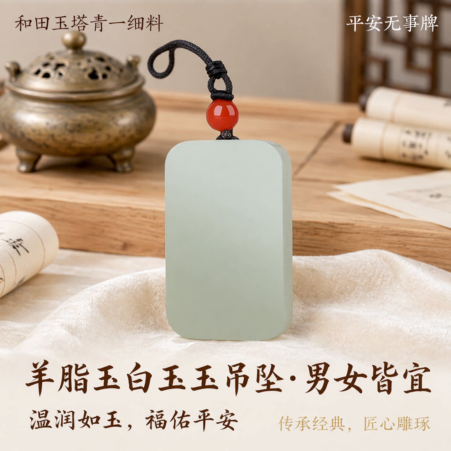 和田玉塔青一细料羊脂玉白玉玉吊坠男平安太平无事牌玉牌玉项链女