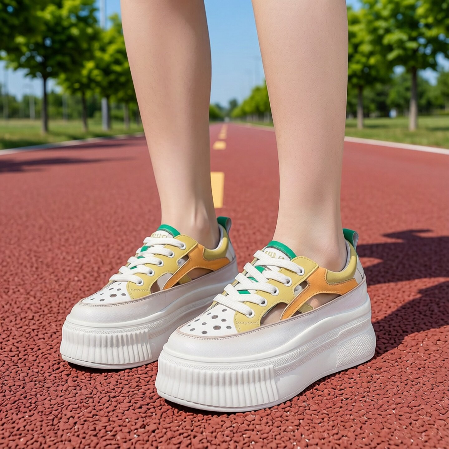 内增高小白鞋女2026夏新款网面透气百搭休闲厚底松糕洞洞镂空凉鞋