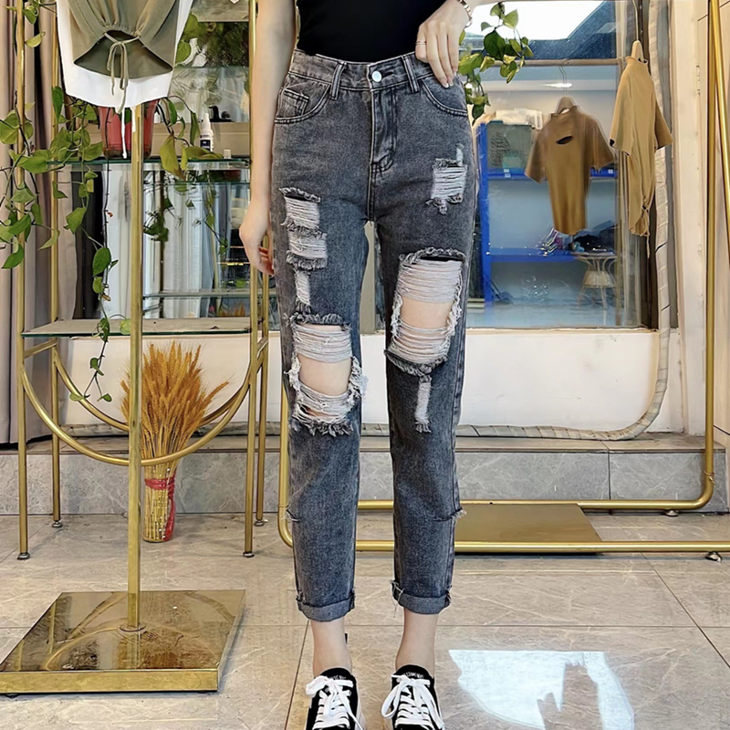 牛仔裤女2025夏季新款时尚韩版破洞休闲裤显瘦百搭哈伦乞丐九分裤