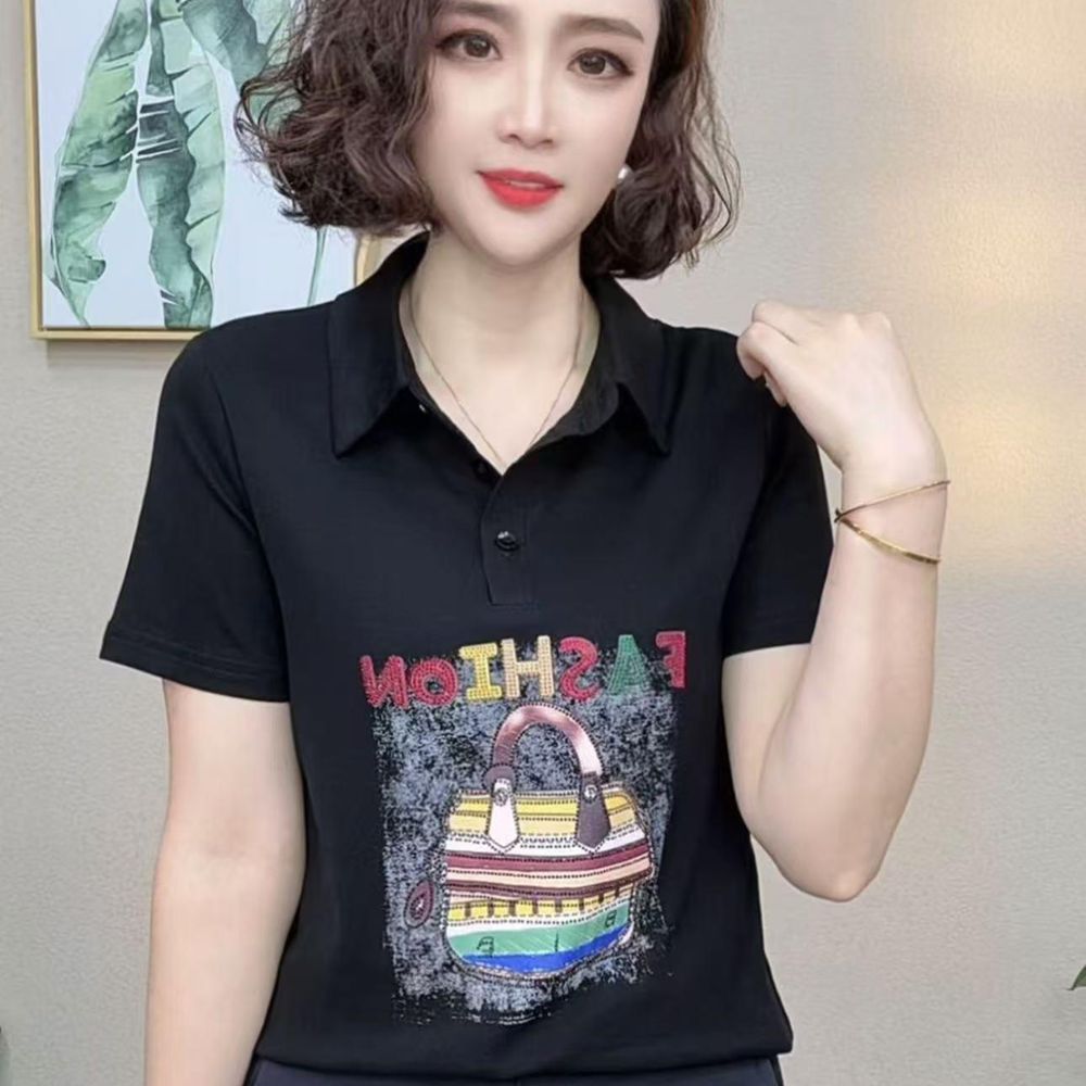 时尚印花字母翻领短袖POLO衫女