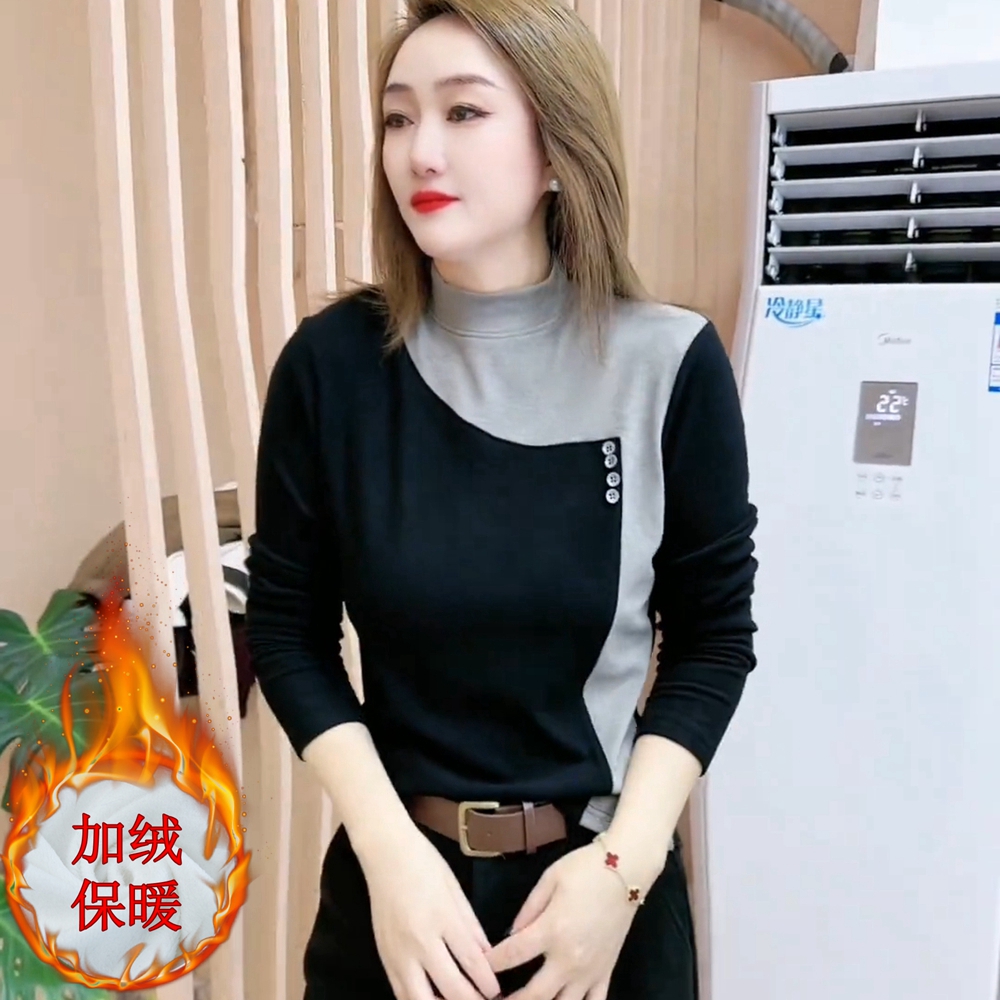双面绒显瘦拼色长袖T恤女