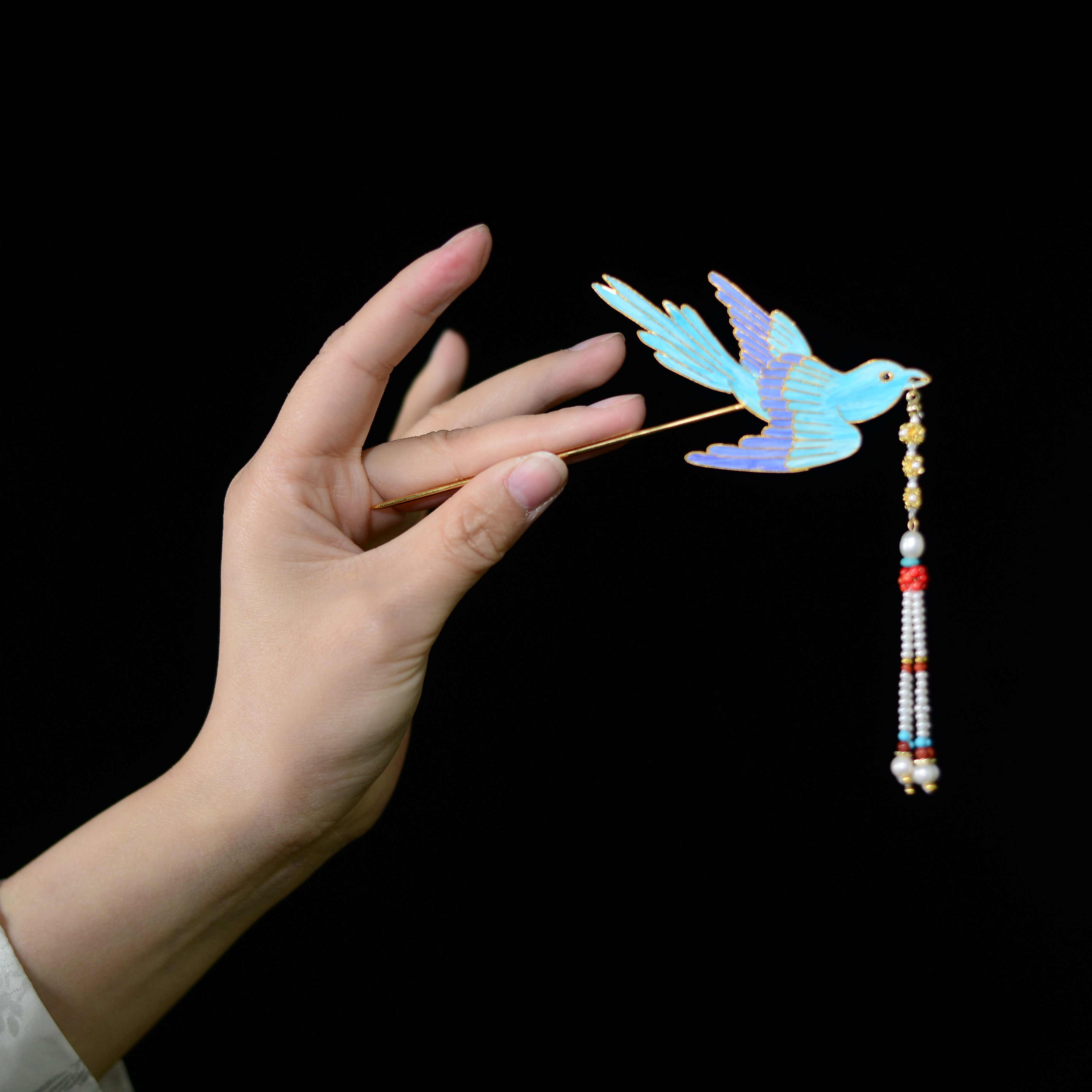 名族风汉服非遗仿点翠小燕子步摇发簪纯手工花丝镶嵌宫廷复古头饰