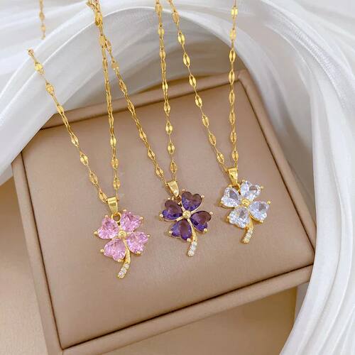 Simple Lucky Colorful Zircon Clover Pendant Necklace for