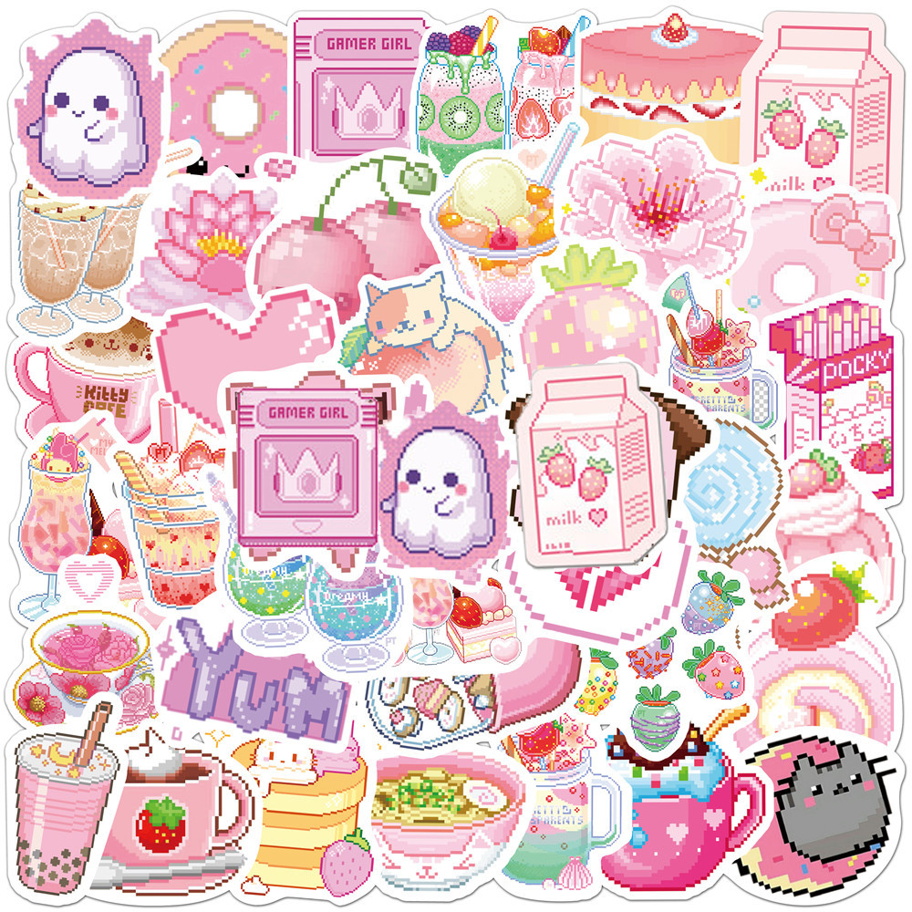 50PCS INS Style Cute Pink Pixel Cartoon Stickers DIY Bike