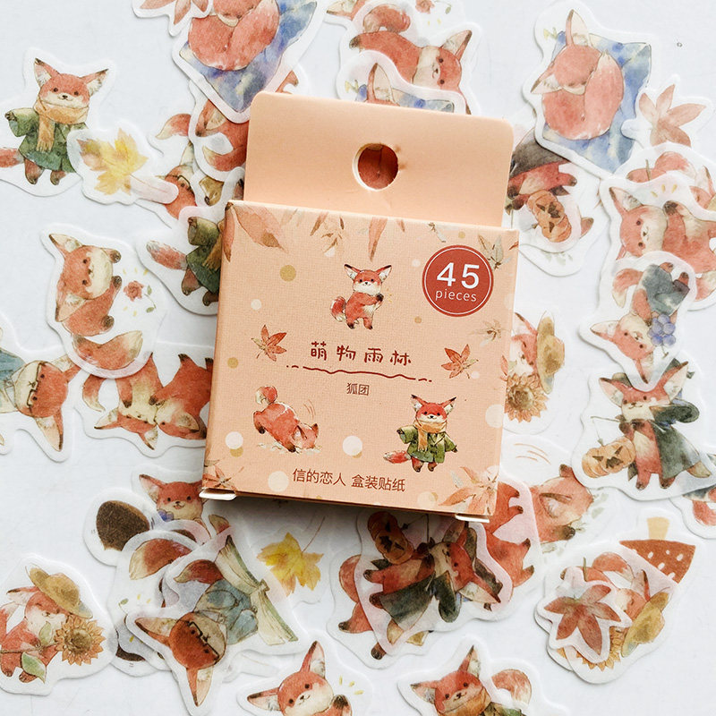 45PCS/Pack Cute Fox And Maple Leaves Paper Sticker Adhesive
