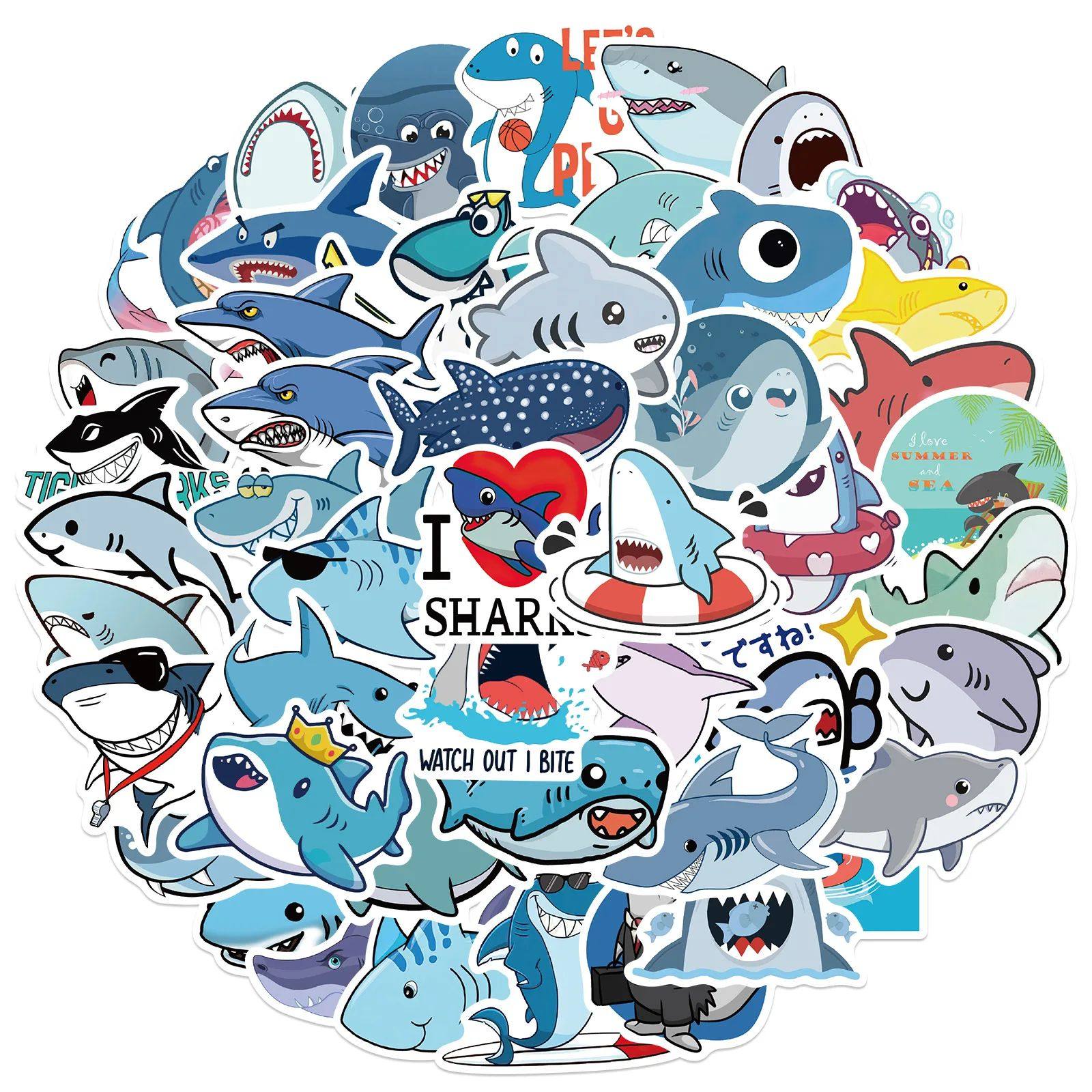 50Pcs Shark Stickers，Ocean Shark Waterproof Vinyl Stickers