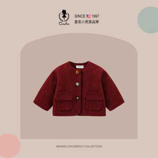 sesameclub女童外套冬季夹棉衣服洋气时髦儿童装呢红色过年新年装