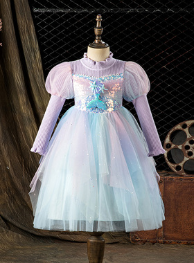 女童美人鱼公主裙秋冬季新款生日礼服小女孩针织毛衣儿童连衣裙子