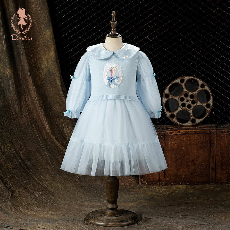 sesameclub女童爱莎公主裙春季儿童爱沙连衣裙生日针织艾莎裙子春