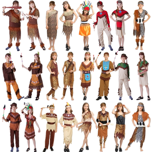 儿童野人演出服非洲土著原始人衣服舞蹈豹纹装猎人印第安表演服装