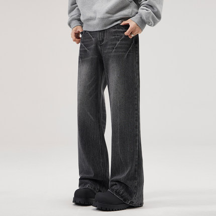 "NO LOGO"闪电纹微喇牛仔裤男美式高街水洗宽松cleanfit秋季长裤