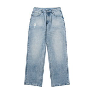 男秋季 2021M闪电裂纹冰蓝色微喇水洗牛仔裤 LOGO 宽松cleanfit