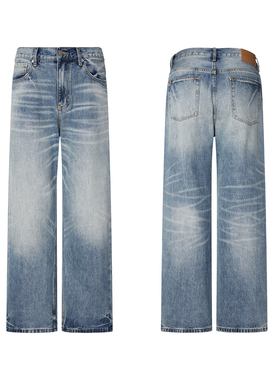 NO LOGO重磅15oz牛王水洗立体猫须蜂窝Cleanfit宽松阔腿牛仔裤男