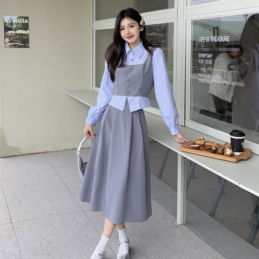 实拍现货假两件条纹长袖衬衫加中长款半身裙新款大码女装时尚套装